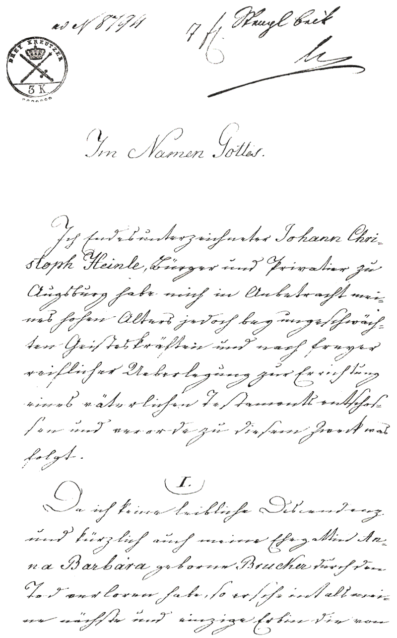 Letztwillige Verfügung von Johann Christoph Heinle, 16. Juli 1850