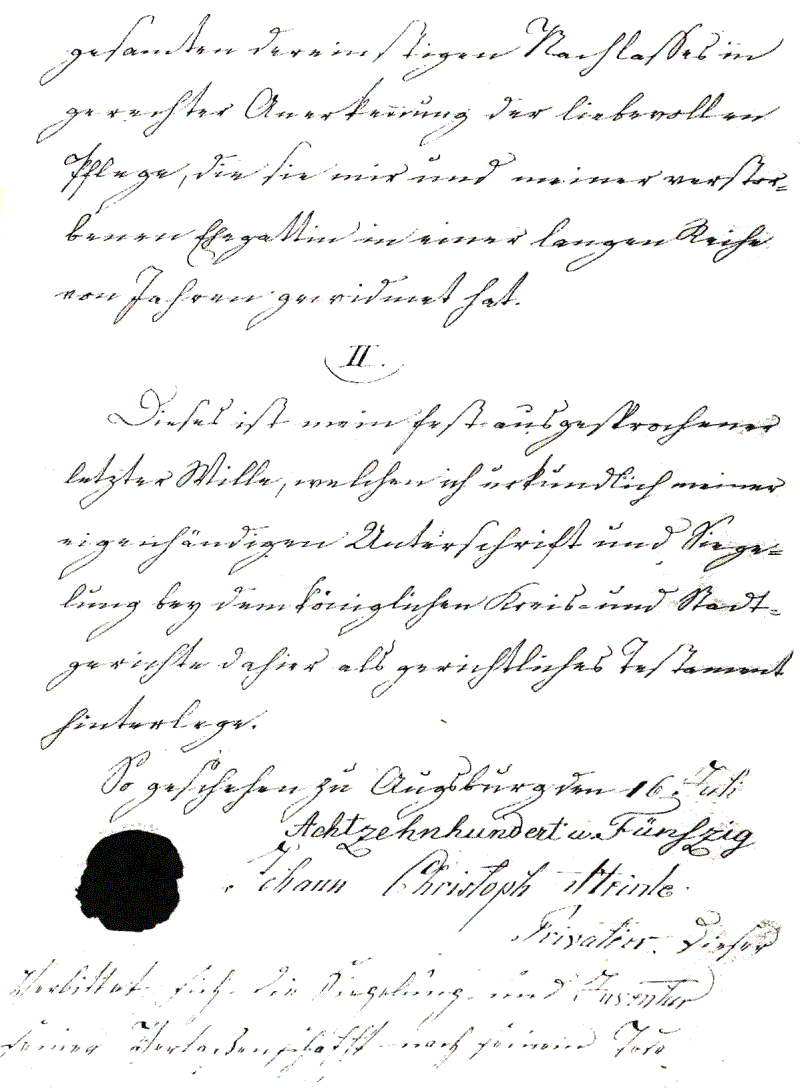 Letztwillige Verfügung von Johann Christoph Heinle, 16. Juli 1850