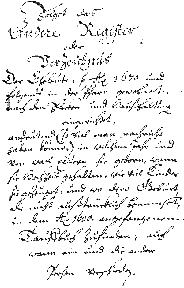 Das erste Register des Familienregisters von 1670